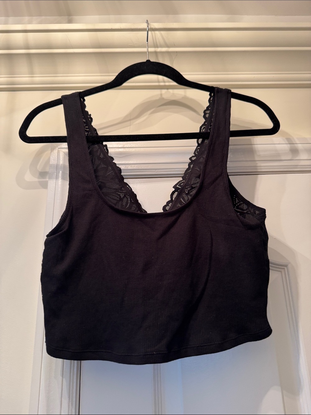 aerie Black Ribbed Lace-Trim Crop Tank